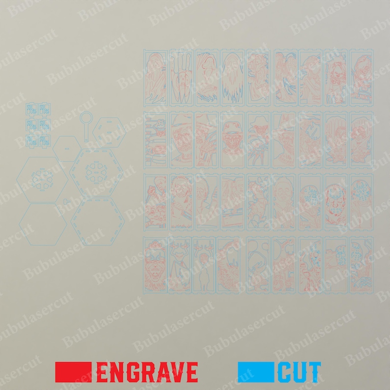 May include: A laser-cut design layout with multiple rectangular and hexagonal shapes. The design includes detailed illustrations of faces and figures, with red lines indicating engraving and blue lines for cutting. The word "ENGRAVE" is in red, and "CUT" is in blue.