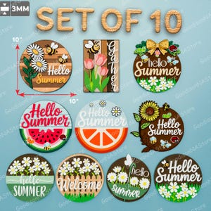 Hallo Sommer SVG Zeichen Bundle, 10 runde und rechteckige Holzschilder für Laserschnitt, Blumen Biene Obst Willkommen Sommer Dekor / G259