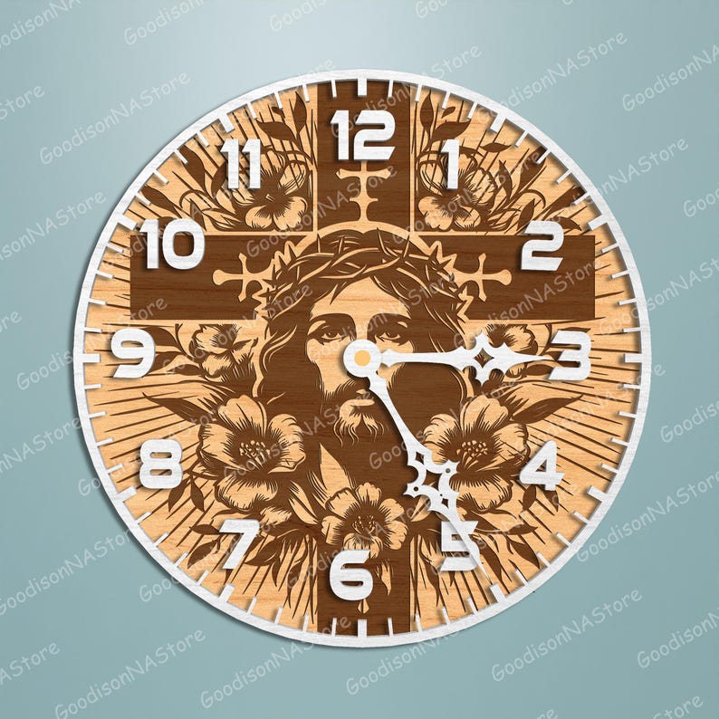 May include: A round wooden wall clock featuring a detailed depiction of Jesus Christ with a crown of thorns, surrounded by floral elements. The clock face has white numerals and hands, with a white border. The clock is a religious-themed decorative item.