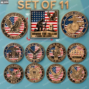May include: A set of 11 wooden plaques with patriotic themes. The set includes round plaques with US military branch emblems and a rectangular plaque with an American flag and the text "Honor the Fallen". The plaques are approximately 10 inches.