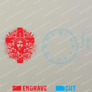May include: Two laser cut designs. One features a red cross with a face and floral elements. The other is a clock face with numbers and hands. The word "ENGRAVE" is in red, and "CUT" is in blue.