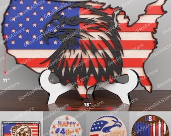 Letrero SVG con mapa patriótico de EE. UU., paquete de arte mural con águila y bandera estadounidense, letrero de bienvenida del 4 de julio, regalo para veteranos, decoración del Día de la Independencia /G235