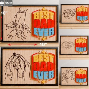 Best Dad Ever Handzeichen SVG Bundle, geschichtete 3D Laser Cut Holzplakette mit benutzerdefinierten Kindernamen, Vatertagsgeschenk von Sohn oder Tochter / G133