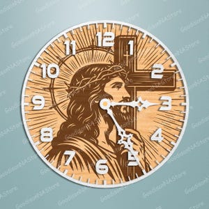 May include: Wooden wall clock featuring an image of Jesus with a crown of thorns and a cross. The clock has white numerals and hands, with the time displayed at approximately 3:15. The clock face has a light wood grain background.