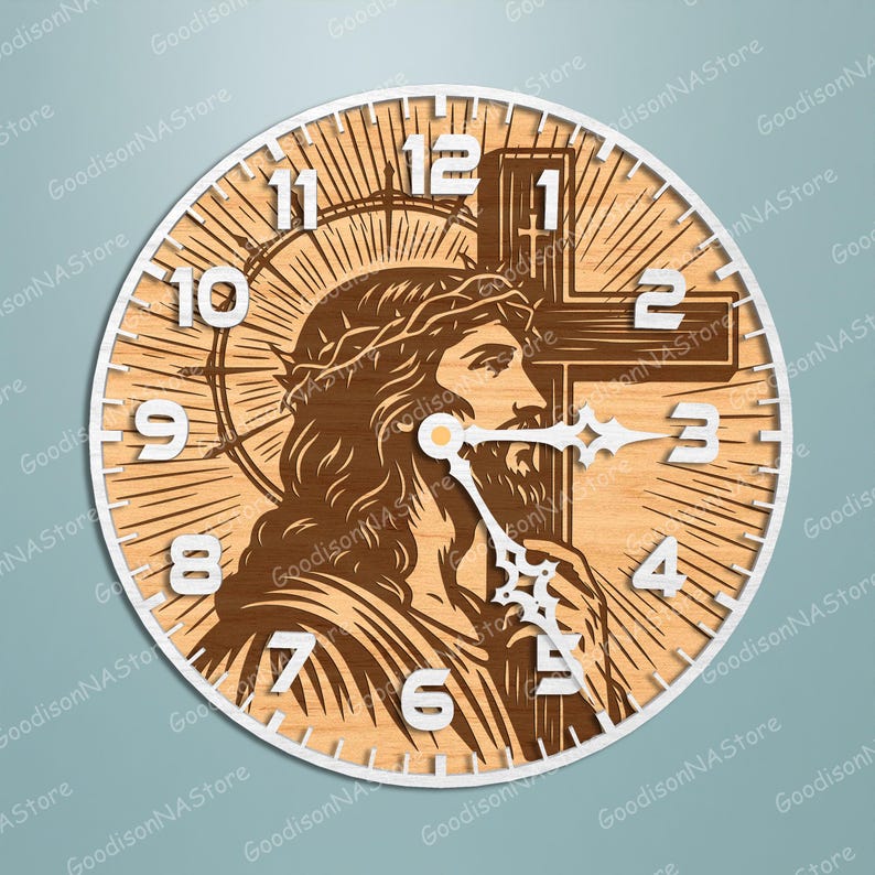 May include: Wooden wall clock featuring an image of Jesus with a crown of thorns and a cross. The clock has white numerals and hands, with the time displayed at approximately 3:15. The clock face has a light wood grain background.