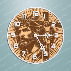 May include: A round wooden wall clock featuring a detailed depiction of Jesus Christ. The clock face has a light wood grain background with a white border and white numerals. The clock hands are white and the image includes the text "GoodisonNA Store".