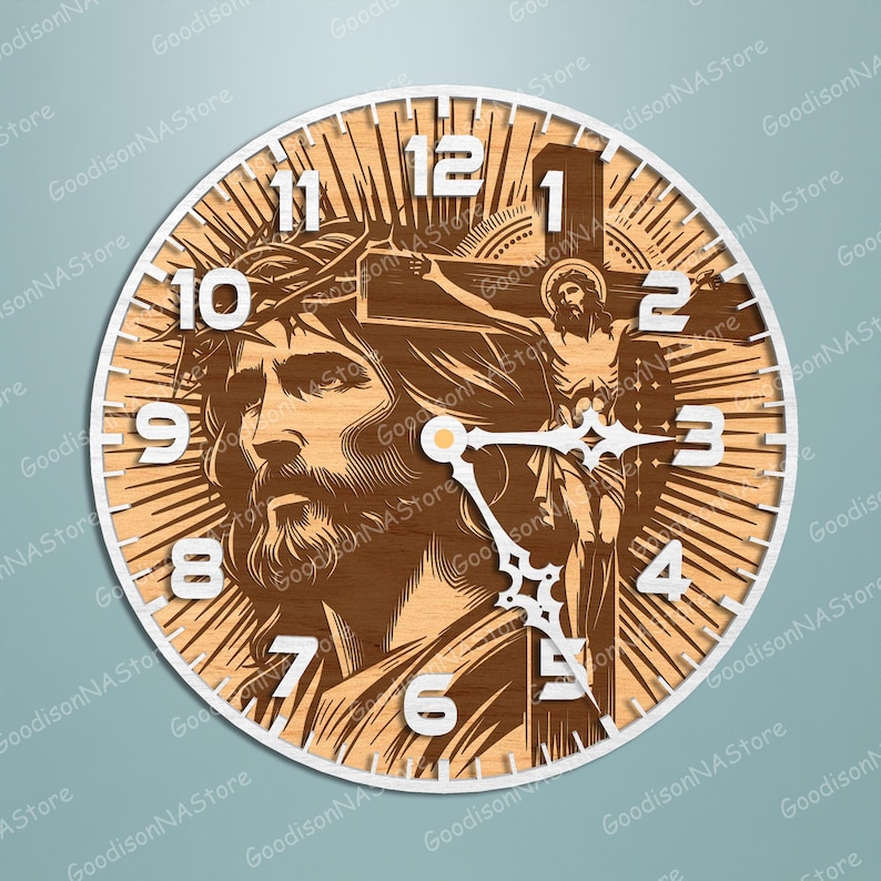May include: A round wooden wall clock featuring a detailed depiction of Jesus Christ. The clock face has a light wood grain background with a white border and white numerals. The clock hands are white and the image includes the text "GoodisonNA Store".