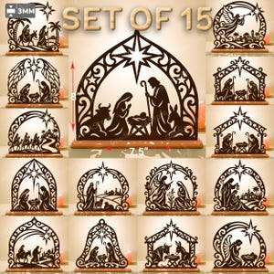 May include: A set of 15 dark brown laser-cut wooden nativity scene silhouettes featuring various religious figures, animals, and stars. The central piece measures 8 inches in height and 7.5 inches in width, with a material thickness of 3mm.