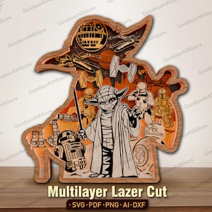 May include: A multi-layered wooden wall art piece featuring a laser-cut design of a central alien character in a robe, surrounded by various space-themed vehicles, droids, and armoured figures, all set against a warm orange and brown background.
