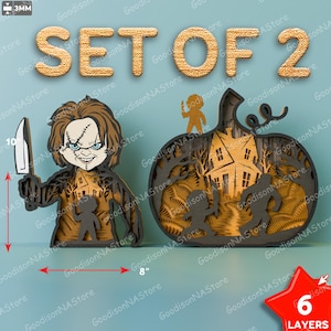 Puede incluir: Juego de dos decoraciones de Halloween de madera. Una presenta un personaje con un cuchillo, la otra una calabaza con una escena de casa embrujada. El conjunto mide aproximadamente 20 cm de ancho y tiene 6 capas.