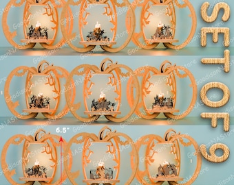 3D Halloween Pumpkin Lantern SVG Bundle, Spooky Tea Light Holder With Haunted House, Graveyard, Witch, Bat For Laser Cut Decor/G274
