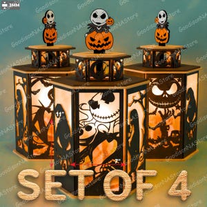 May include: Set of four Halloween-themed decorative lanterns. Each lantern features a laser-cut design with Jack Skellington and other spooky elements. The lanterns are approximately 11 inches tall and 7 inches wide, with a wooden top and base.