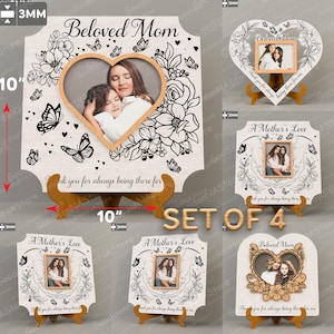 Cadre photo fête des mères SVG, cadeau découpé au laser pour maman bien-aimée, signe floral coeur pour maman, présentoir en bois personnalisé, fichier de coupe Glowforge /G178