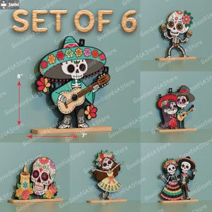 May include: Set of 6 Day of the Dead themed wooden figurines. The figurines include a skeleton mariachi playing a guitar, a skeleton couple, a dancing skeleton, and a skull with flowers. The tallest figurine is 8 inches tall and the base is 7 inches wide.