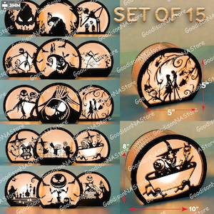 May include: A set of 15 circular decorative light boxes featuring black silhouette cutouts of characters and scenes from The Nightmare Before Christmas. Two examples show dimensions of 5 inches by 5 inches and 8 inches by 10 inches.