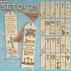 Puede incluir: Juego de 25 marcapáginas de madera con temas religiosos. Cada marcapáginas mide 15,7 cm de largo y 4,1 cm de ancho. Los diseños incluyen cruces, motivos florales y citas inspiradoras. Algunos marcapáginas tienen borlas. El texto incluye "Jesús me ama" y otros versículos.