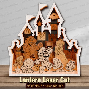 May include: A multi-layered wooden laser-cut wall art piece featuring a castle silhouette with engraved characters including Mario, Princess Peach, Bowser, and various game elements. The design incorporates light and dark wood tones.