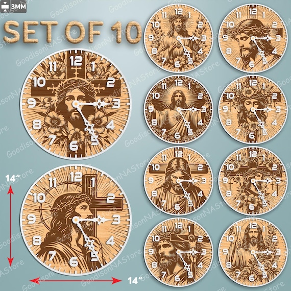 Christian Jesus Wall Clock Set of 10, Jesus Cross Clock svg lasercut, Religious Wall Art Clock, Faith Home Decor, Church Gift /G503