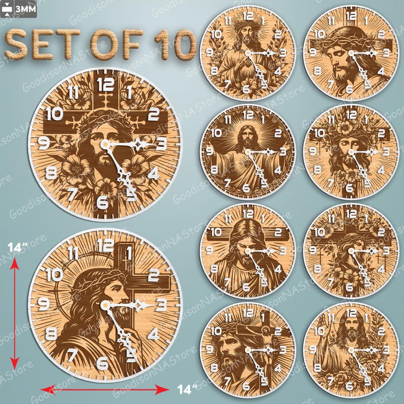 May include: A set of ten wooden wall clocks, each featuring a detailed image of Jesus Christ. The clocks are round, approximately 14 inches in diameter, with white numerals and hands. The text "SET OF 10" is visible at the top.