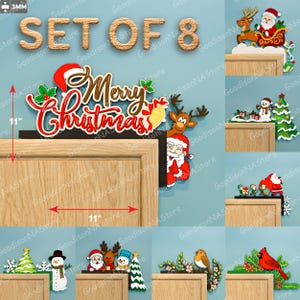 May include: A set of 8 Christmas shelf decorations made of wood. Designs include Santa, reindeer, snowmen, and festive text. Each piece is approximately 28 cm long. Features red, white, brown, and green colours.