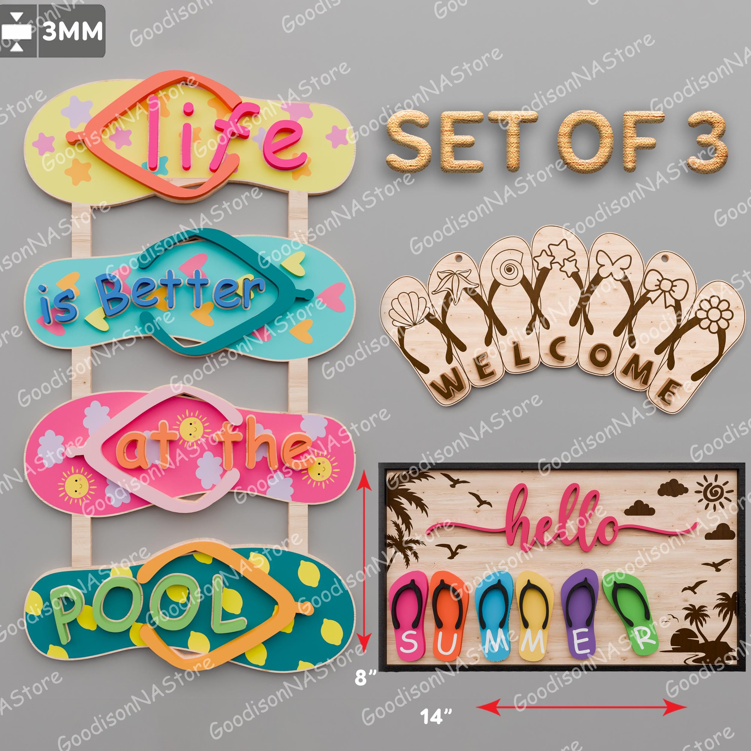 Flip Flop Welcome Sign SVG, Life Is Better at the Pool Summer Decor Hello Summer Wall Art Beach Sandal Door Hanger Sign Bundle Cut File/G234