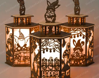 Archivo de corte láser de linterna de Pascua / Lámpara de gnomo de Pascua Portavelas Conejito de Pascua Feliz Gnomo Caja de sombra de Pascua Decoración de Pascua Gnomo svg /G016
