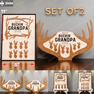 Letrero "El mejor abuelo papá" de la historia, madera cortada a láser, regalo familiar de ciervo, decoración personalizada de astas para el Día del Padre para amantes de la caza /G140
