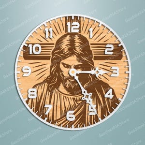 May include: A round wooden clock featuring an image of Jesus with a cross and radiating lines. The clock face has white numerals and hands, with the image of Jesus in a darker wood tone. The clock is a religious home decor item.