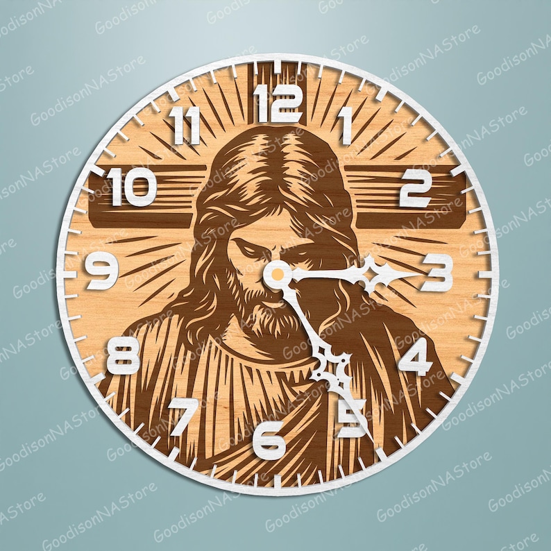 May include: A round wooden clock featuring an image of Jesus with a cross and radiating lines. The clock face has white numerals and hands, with the image of Jesus in a darker wood tone. The clock is a religious home decor item.