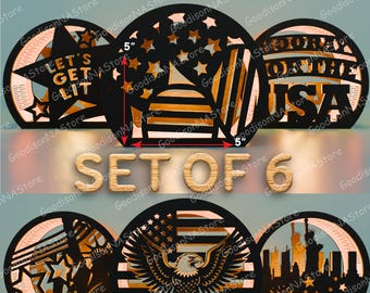 Patriotic Lantern Insert Bundle, Set Of 6 Round July 4th Decorations USA Flag Eagle Statue Layered Light Box Art Independence Day Decor/G246
