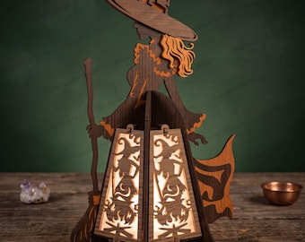 Halloween Witch Lantern SVG, Witch Silhouette LED Lantern, Layered Laser Cut Wood Decor, Spooky Candle Holder Digital File /D72