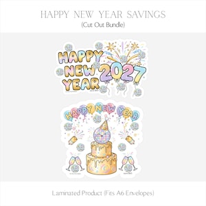 May include: Two laminated cut-out stickers featuring New Year themes. The top sticker displays the text HAPPY NEW YEAR 2027 with fireworks. The bottom sticker shows a two-tier cake, a disco ball, balloons, and champagne glasses.