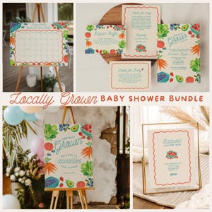 Kit de chá de bebê editável, produzido localmente, decoração personalizada para mercado de produtores, modelo de placa personalizada para chá de bebê, cartão de agradecimento com frutas vermelhas