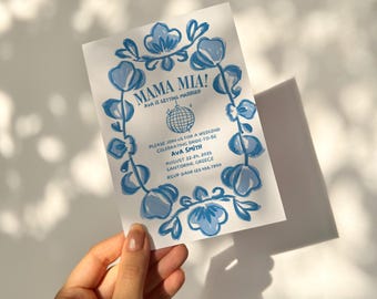 Invitación de despedida de soltera "Mamá Mía": Floral azul de Delft, bola de discoteca (descarga digital)