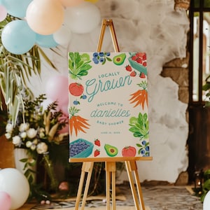 Kit de chá de bebê editável, produzido localmente, decoração personalizada para mercado de produtores, modelo de placa personalizada para chá de bebê, cartão de agradecimento com frutas vermelhas