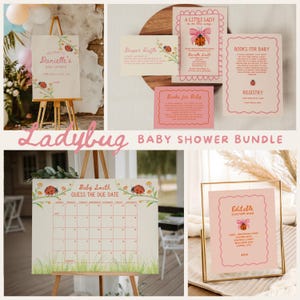 Puede incluir: Un conjunto para baby shower con temática de mariquita. Incluye un letrero de bienvenida, tarjetas de invitación, un calendario para adivinar la fecha de parto y un letrero personalizado. Los letreros y tarjetas tienen un esquema de color rosa y blanco con mariquitas y flores.
