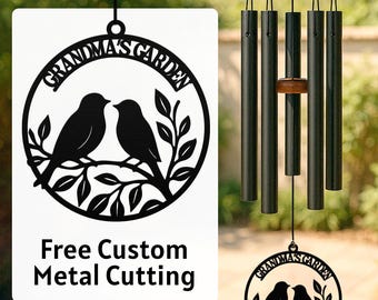 May include: A black metal wind chime with a wooden top and a decorative metal sign that reads "Grandma's Garden" with two birds perched on a branch. The sign also includes the text "Free Custom Metal Cutting".