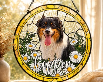 Personalized Pet Portrait Stained Glass Suncatcher, Custom Dog Memorial Stained Glass Photo Suncatcher, Dog Loss Keepsake, Pet Loss Gift