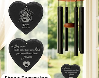 Memorial Wind Chime for Pet Loss with Custom Engraved Slate Stone – Rainbow Bridge Gift for Dog or Cat Remembrance, Name & Years Included