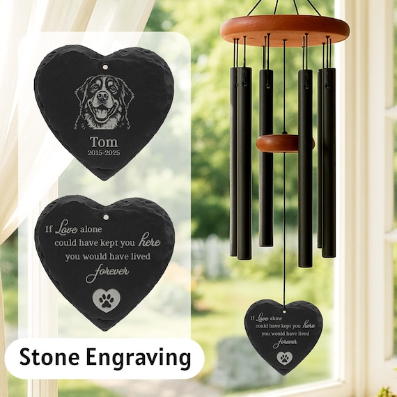 Memorial Wind Chime for Pet Loss with Custom Engraved Slate Stone – Rainbow Bridge Gift for Dog or Cat Remembrance, Name & Years Included