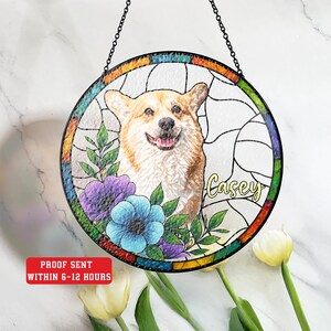 Custom Pet Memorial Stained Glass Suncatcher – Personalized Dog Portrait Window Hanging with Floral Design – Pet Loss Gift for Dog Lovers