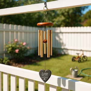 K&ouml;nnte beinhalten: Goldfarbenes Windspiel mit Holzaufsatz und herzf&ouml;rmigem Anh&auml;nger. Der Anh&auml;nger tr&auml;gt die Aufschrift "No longer by my side but forever in my heart" mit einem Pfotenabdruck. Das Windspiel h&auml;ngt an einem wei&szlig;en Gel&auml;nder.