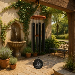 K&ouml;nnte beinhalten: Schwarze Windspiele mit einem h&ouml;lzernen Oberteil und einer runden, gravierten Schieferplatte am Boden. Die Windspiele h&auml;ngen an einem goldenen Haken. Der Hintergrund umfasst einen Brunnen, Pflanzen und eine Bank.