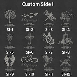 K&ouml;nnte beinhalten: Dunkelgraues Bild mit zw&ouml;lf Gedenkdesigns, jedes mit einer einzigartigen Grafik und dem Text "Oma Hannah Roberts 1975-2025." Designs umfassen einen Baum, Federn, eine Libelle, Pusteblumen, einen Zweig, ein Kreuz, einen Schmetterling, eine Kerze, Engelsfl&uuml;gel, ein Herz, einen Kolibri und einen Vogel.
