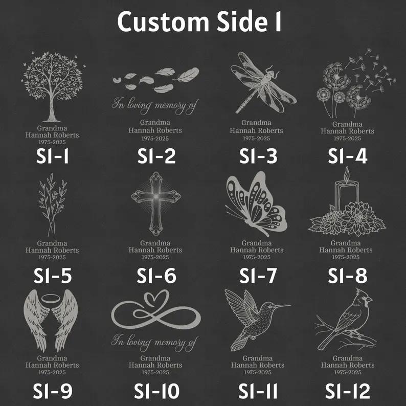 K&ouml;nnte beinhalten: Dunkelgraues Bild mit zw&ouml;lf Gedenkdesigns, jedes mit einer einzigartigen Grafik und dem Text "Oma Hannah Roberts 1975-2025." Designs umfassen einen Baum, Federn, eine Libelle, Pusteblumen, einen Zweig, ein Kreuz, einen Schmetterling, eine Kerze, Engelsfl&uuml;gel, ein Herz, einen Kolibri und einen Vogel.