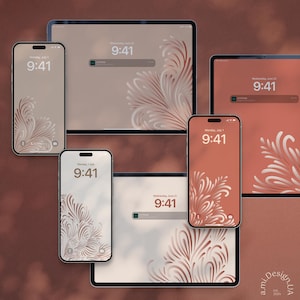 May include: Five different screen mockups with a digital clock displaying 9:41. Each screen has a different background with a stylized floral design in shades of brown and white.
