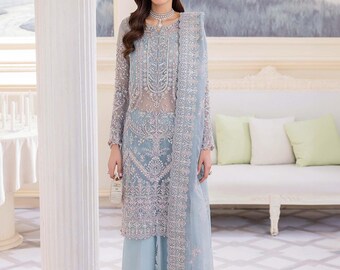 Pakistani Indian wedding dress ice blue mehndi nikkah wear suit organza handmade embroidery stitch party outfit salwar kameez luxury clothes