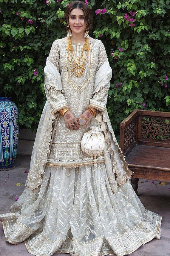 White Sharara Pakistani Wedding Dresses, Eid Party Dress Indian Embroidery  Clothes Stitched Mehndi Nikkah Suit Guest Outfit Made to Order - Etsy
