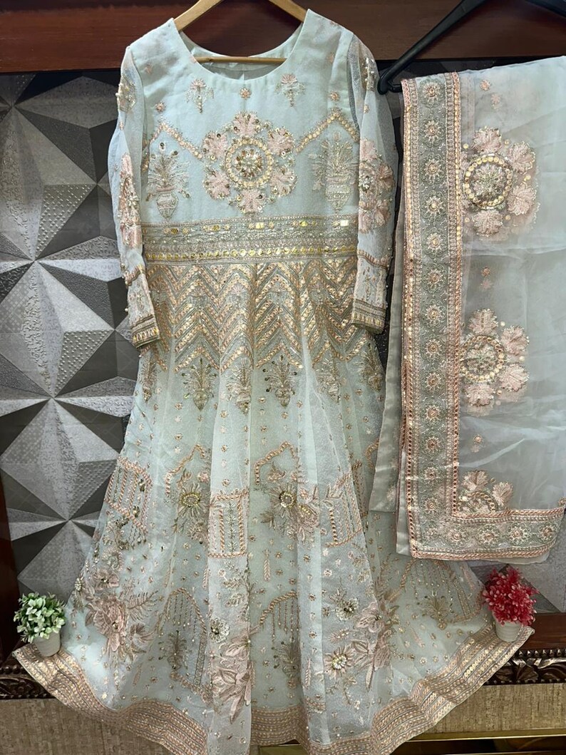 Pakistani Indian Style Ice Blue Embroidered Net Luxury Formal Ensemble