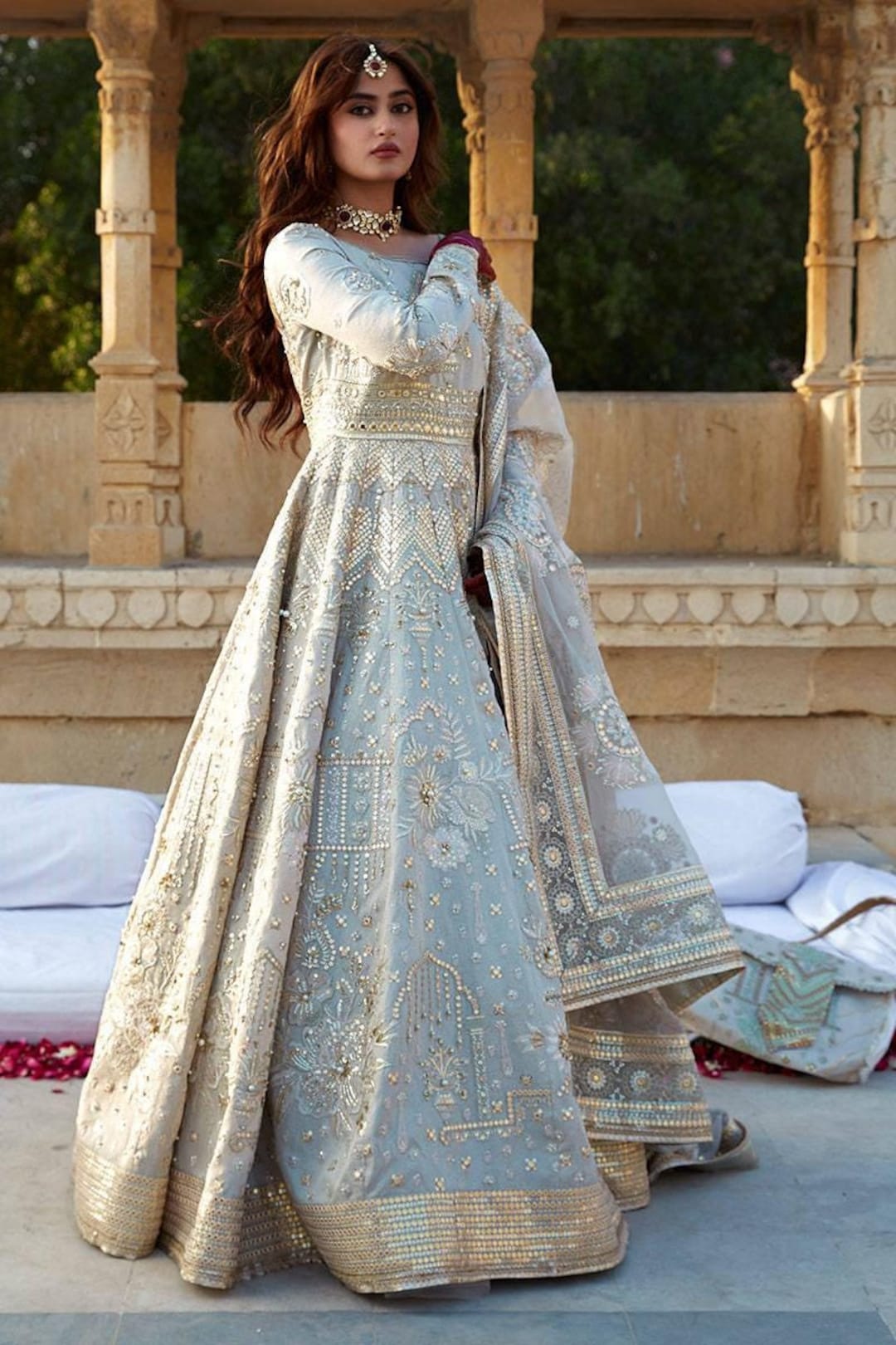 indian blue wedding dress Bridal Lehenga Choli and Double Dupattas Wedding Dress